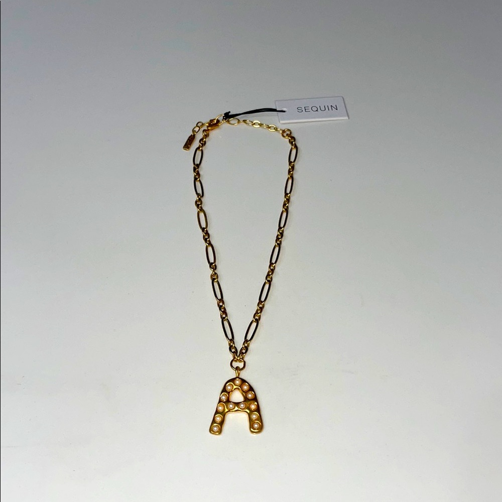 NWT SEQUIN Pearl Initial "A" Necklace in Gold Plated Brass